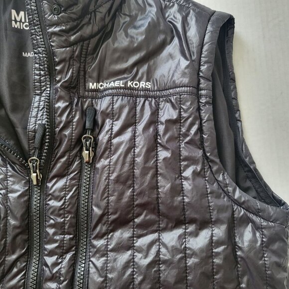 Michael Kors Black Quilted Shiny Puffer Vest Size M Full Zip Pockets High Collar - Picture 8 of 13